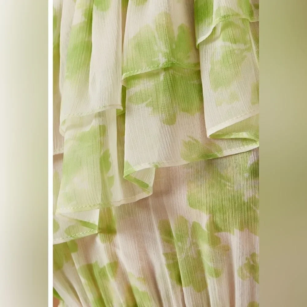 MISA Rumi MIDI Revolve Chiffon One Shoulder Dress in Honeydew Large‎ NWT